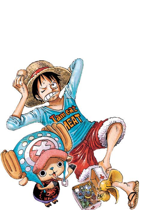 one piece is jumping in the air with his hat on and other characters around him