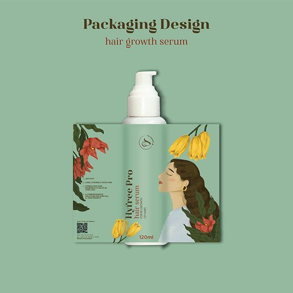 packaging design for hair growth serum with flowers and leaves on the front, green background