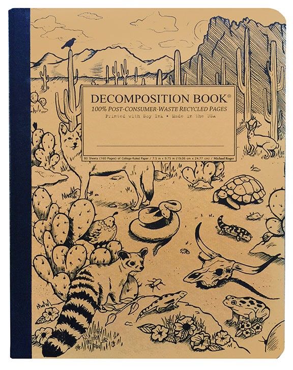 a book with an image of desert animals and cactus trees in the background, which reads decompositionion book