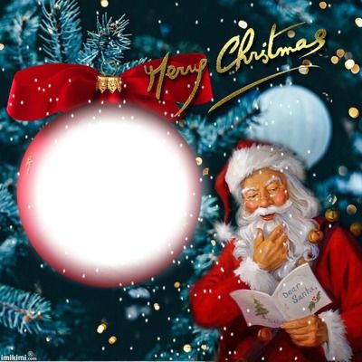 a christmas card with santa claus holding a book in front of a snowy tree and lights