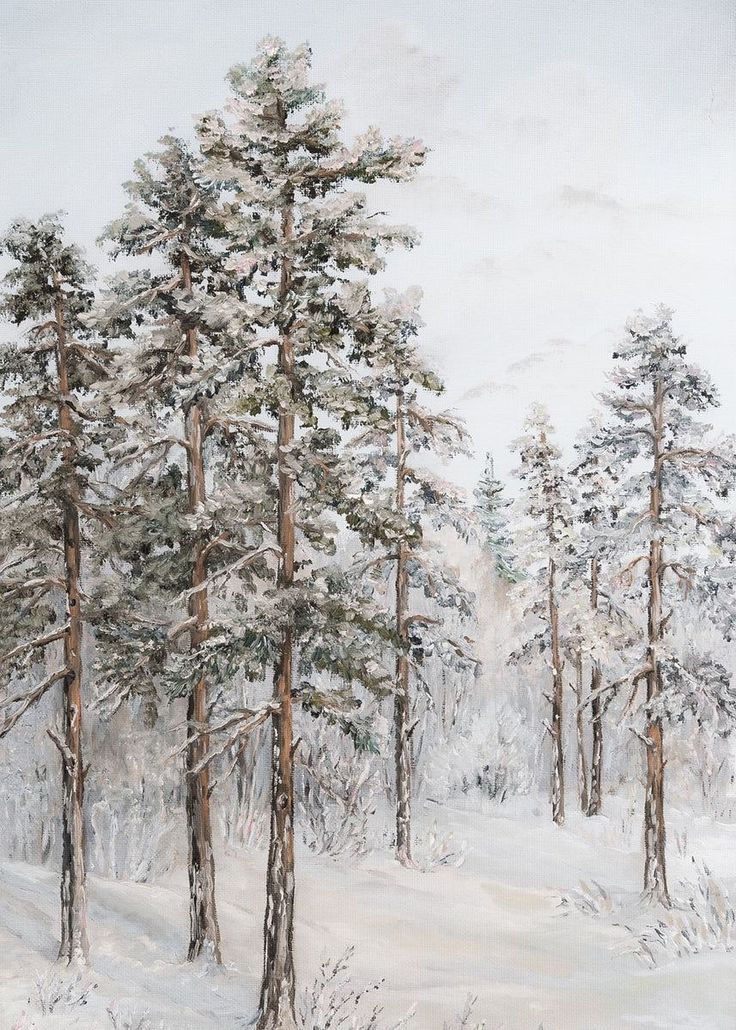 a painting of some trees in the snow