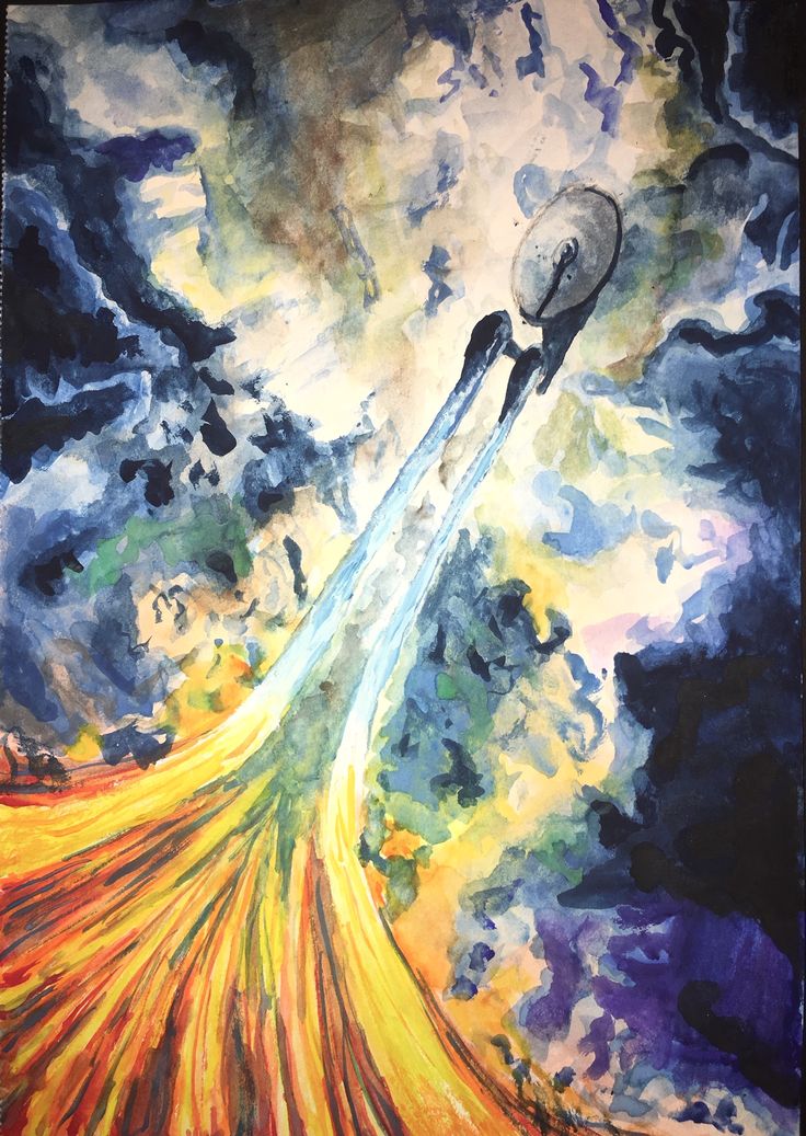 a painting of a rocket launching into the sky