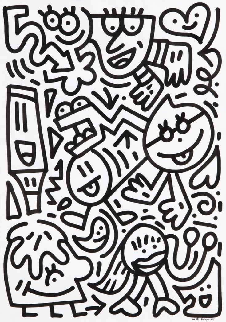 a black and white drawing on paper with different shapes in the background, including letters