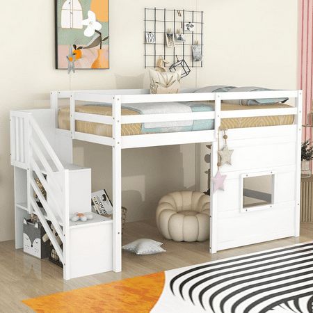 there is a bunk bed with stairs to the top and bottom level in this child's room