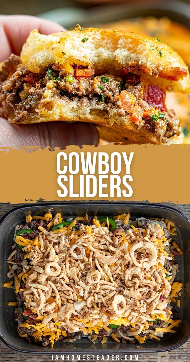 A hand holding a cowboy slider, and an overhead of the sliders before baking. Upscale Bar Food Ideas, Slider Recipes, Party Platters, Beef Dinner, Game Day Food, Beef Dishes, Ground Beef Recipes, Main Meals, Main Dish Recipes