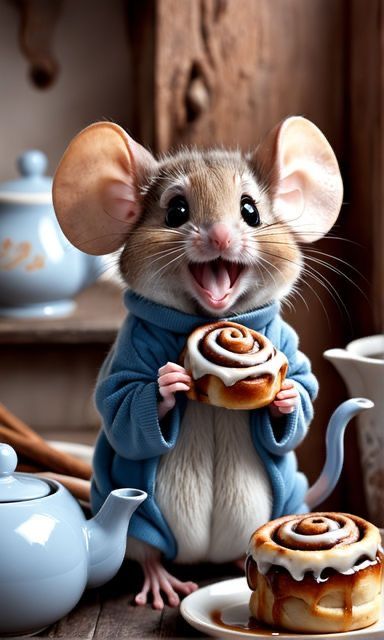 a mouse is holding a cinnamon roll in front of some teapots and saucers