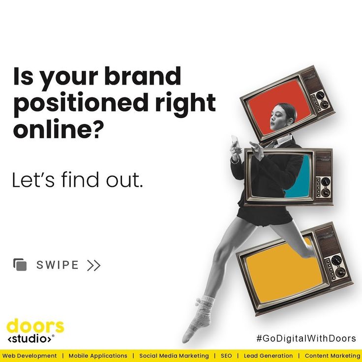 an advertisement with a woman holding two televisions and the words, is your brand positioned right online? let's find out swipe