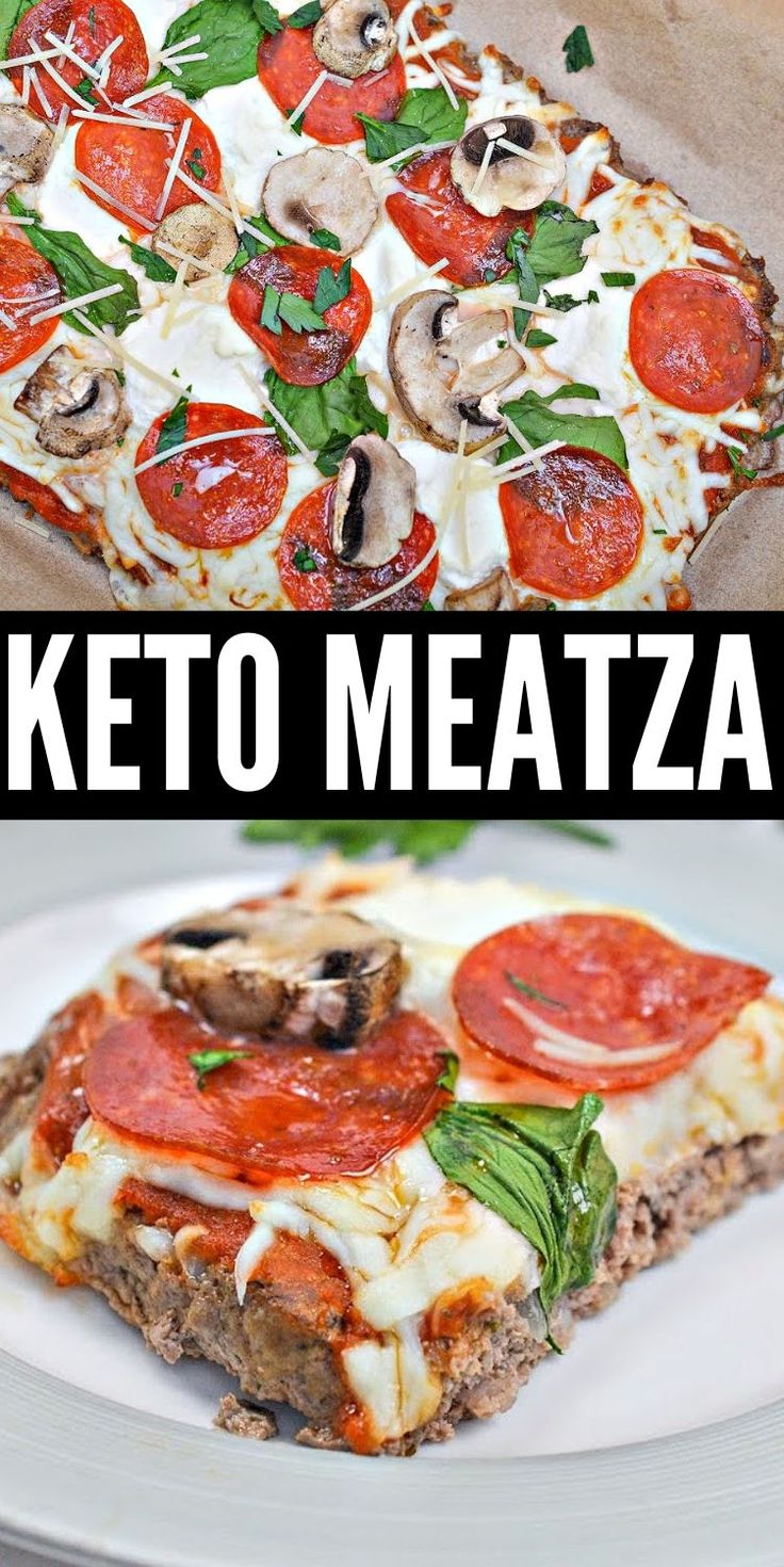 two pictures with different types of pizza and the words keto meatza on them