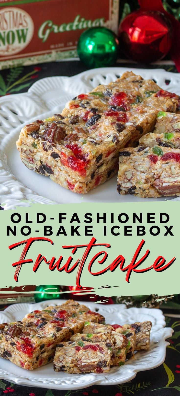 old fashioned no bake fruitcake on a white plate