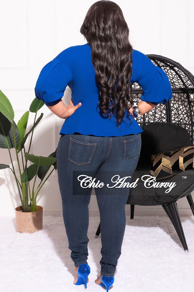 Polyester %: 95 Spandex %: 5 Model is wearing 1x Chic And Curvy, Waist Tie, Peplum Top, Final Sale, Royal Blue, Spandex, Plus Size, How To Wear, Blue