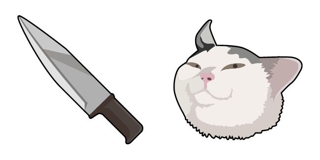 a white cat and a knife on a white background