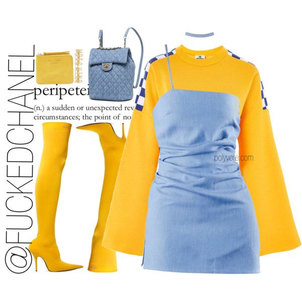 A fashion look from October 2017 by fuckedchanel featuring The Ragged Priest, Chanel, Acne Studios and Moschino Blue And Yellow Clothes, Yellow And Blue Outfits, Blue Yellow Outfit, Blue And Yellow Outfit, Boujee Outfits, The Ragged Priest, Ragged Priest, Looks Party, Yellow Outfit