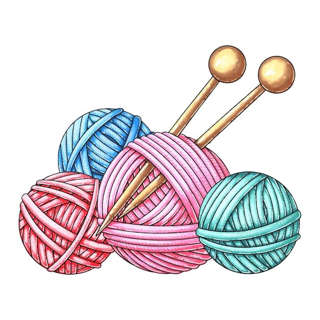 three balls of yarn and two knitting needles on a white background hand drawn colored illustration