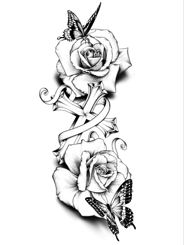 a black and white rose tattoo design with butterflies on the top half of its arm