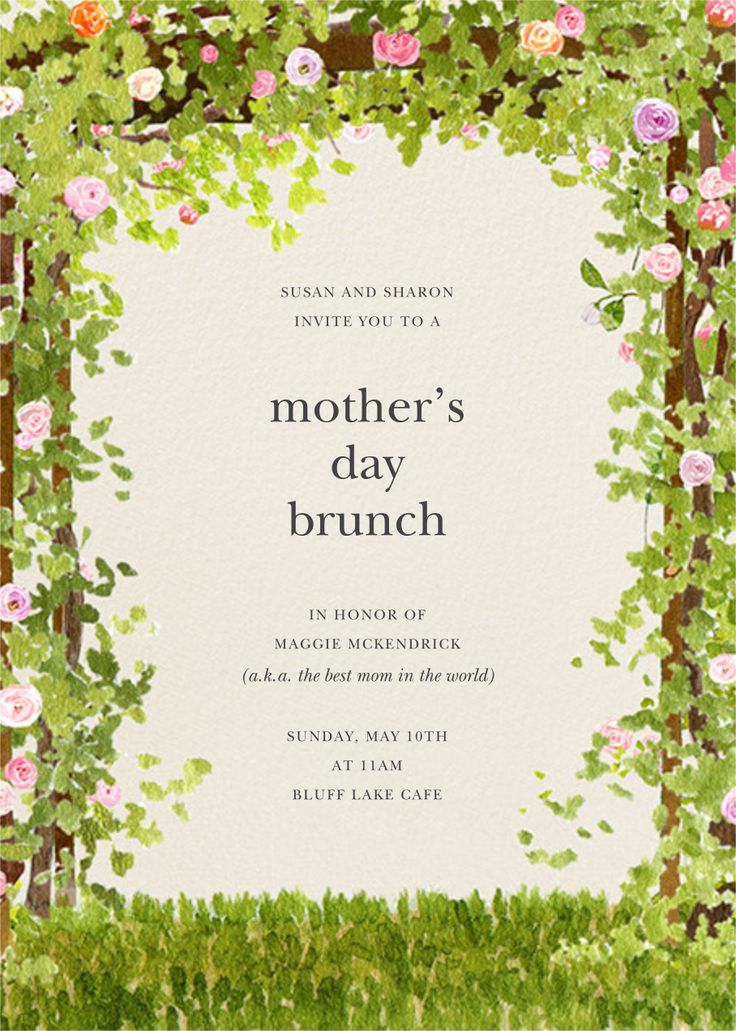 the mother's day brunch is shown with pink flowers and greenery