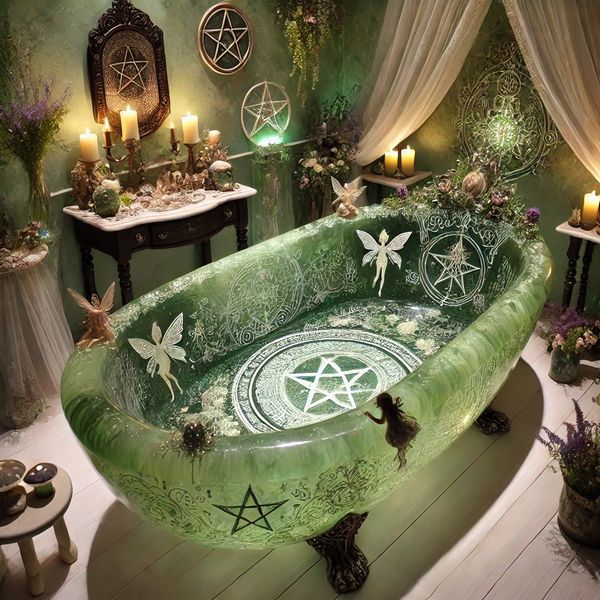 a green bath tub sitting on top of a wooden floor next to two tables with candles