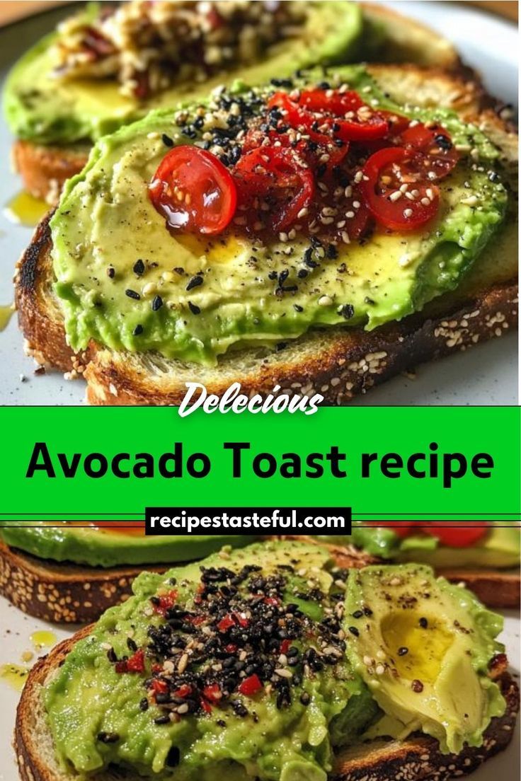 avocado toast recipe with tomatoes and other toppings on it, including bread