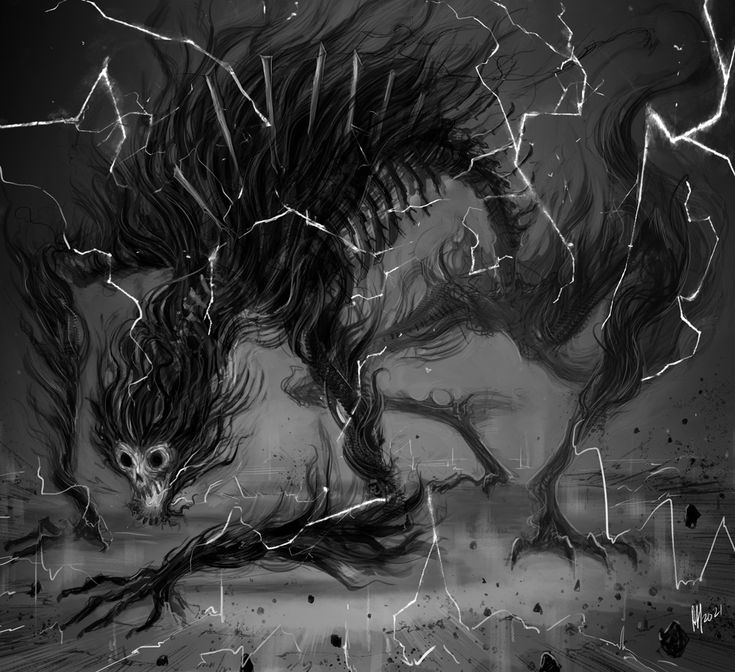 a black and white drawing of a creature with lightning in the background