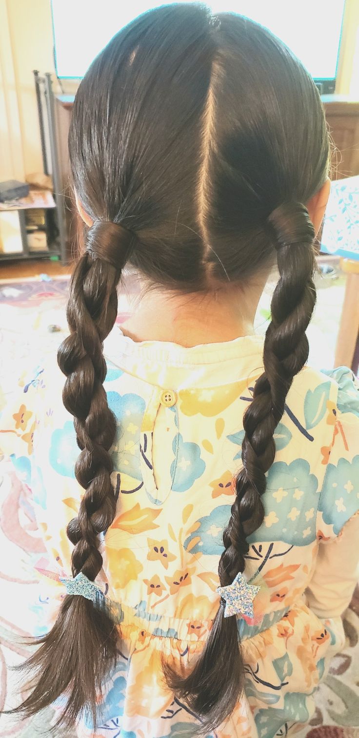 Coiled rope braid low pigtails Pigtails Low, Low Braided Pigtails, Braids Medium Length Hair, Hairstyle Pigtails, Braid Plaits, Braids Medium Length, Low Pigtails, Hair Pigtails, Braids Medium