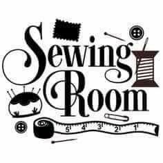 the sewing room logo is black and white