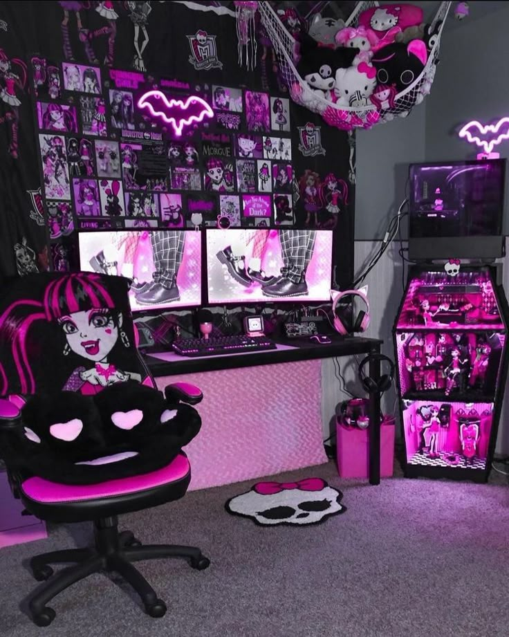 a room filled with lots of pink and black decorations on the walls next to a computer desk