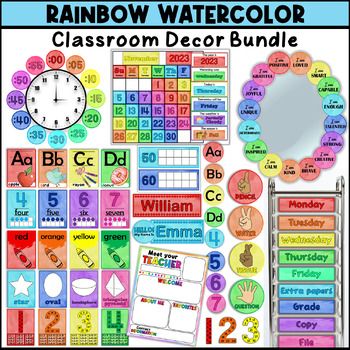 rainbow watercolor classroom decor bundle with numbers, letters and pictures for the classroom to use