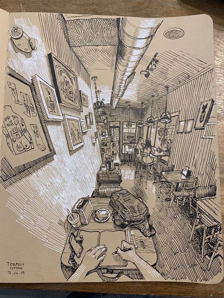 a drawing of a person sitting at a table in a room with pictures on the wall