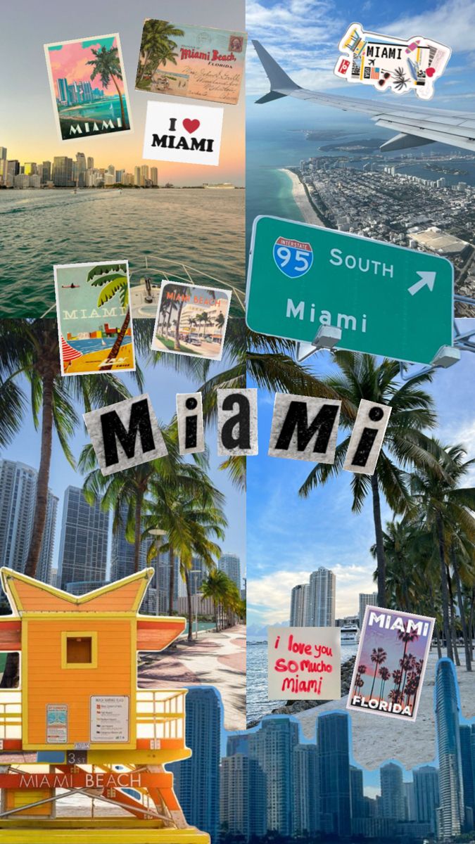 a collage of photos with the word miami in multiple languages and images of different cities