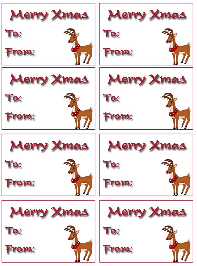 merry xmas gift tags with reindeers and santa's sleigh on them