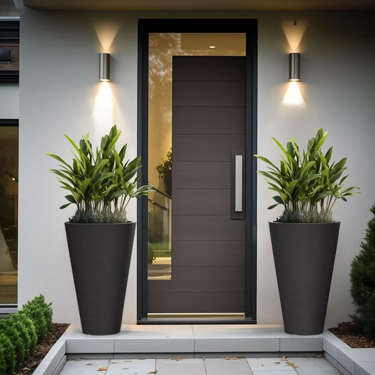 two large planters with plants in front of a door and some lights on the side