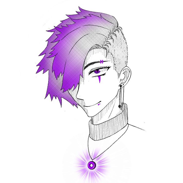 a drawing of a young man with purple hair and piercings on his ears, wearing a turtle neck sweater