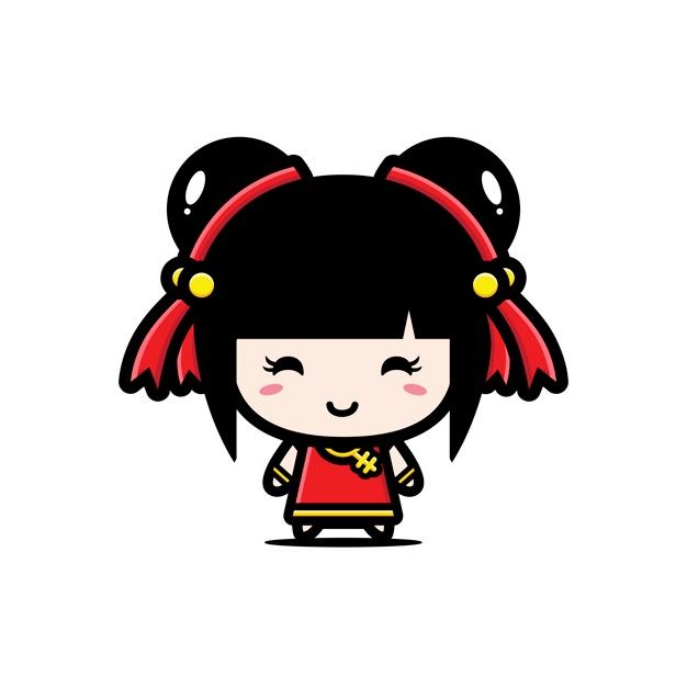 a cartoon girl with black hair and red dress