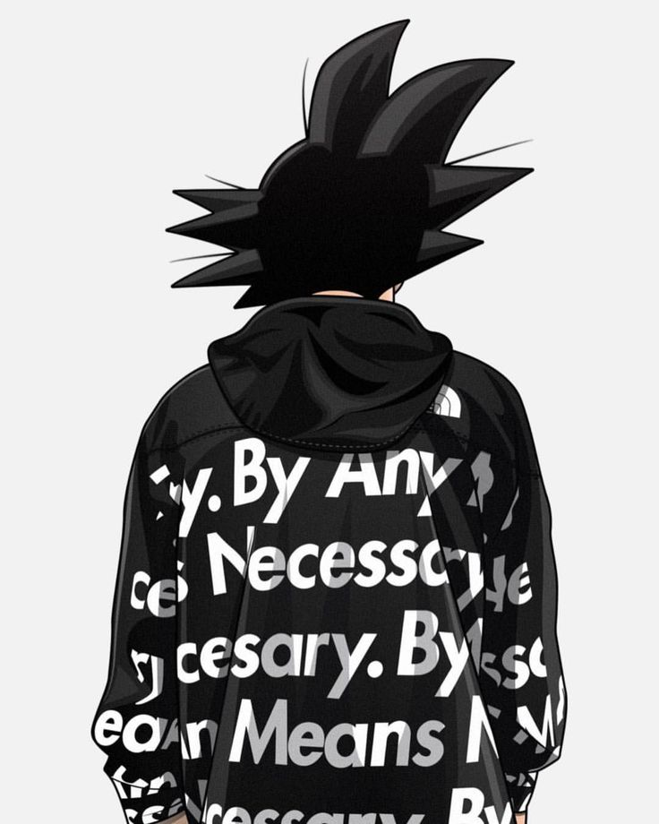 the back of a person wearing a black jacket with words all over it, including an angry man's head