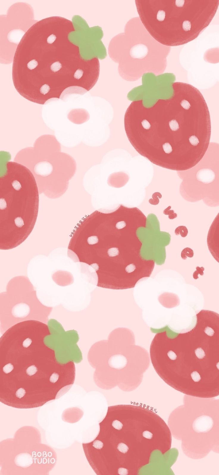 an image of strawberries and donuts on a pink background with white polka dots