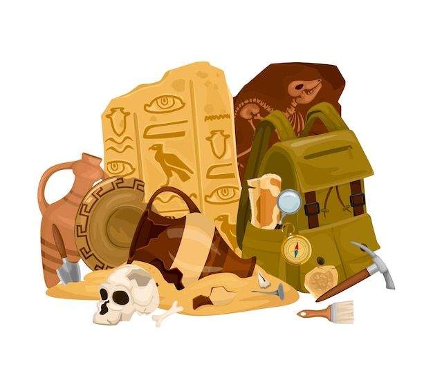 an image of ancient artifacts and items on the ground in front of a white background