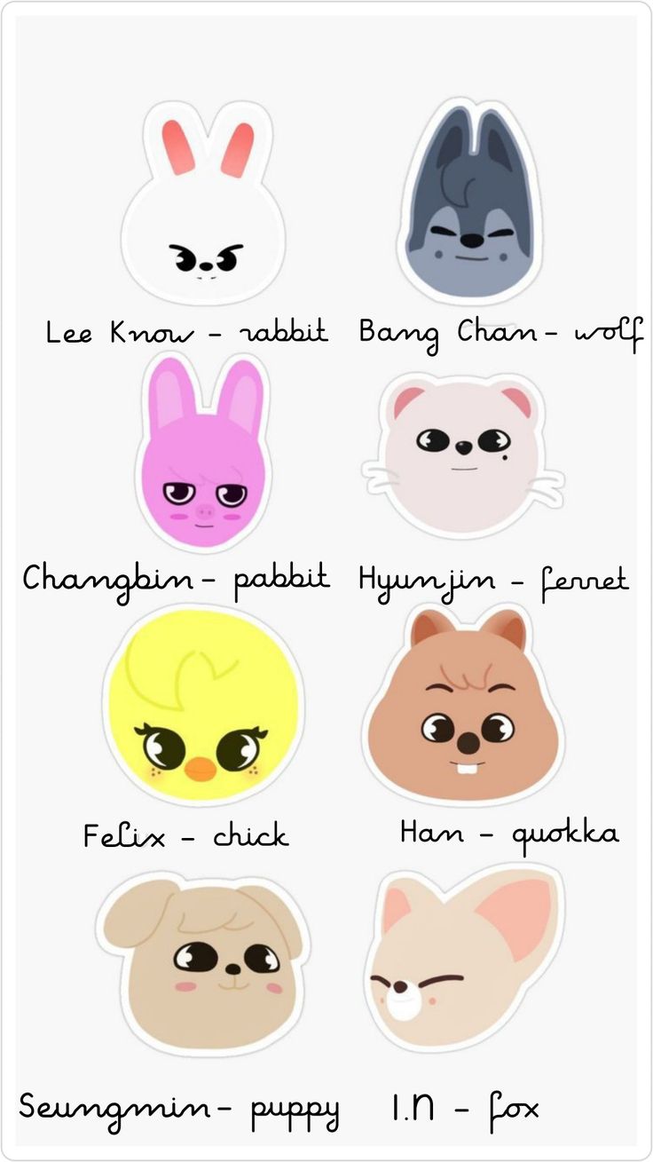 six stickers with different types of animals and faces on them, all in different colors