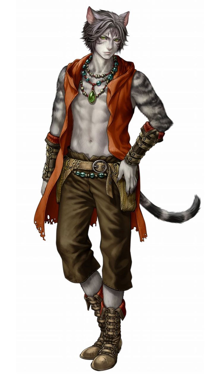 a drawing of a cat dressed up as a man with an orange vest and brown pants