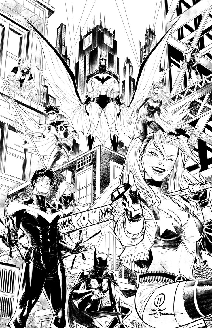 black and white drawing of superheros in the city