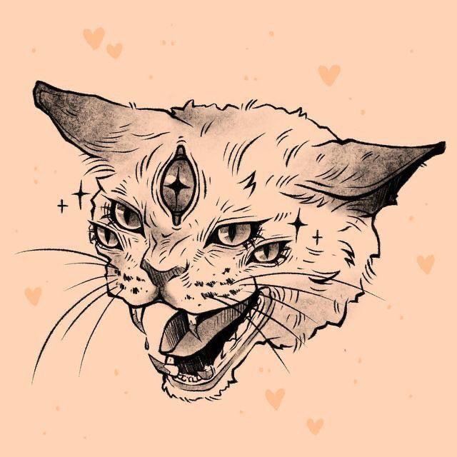 an ink drawing of a cat's face with its mouth open and tongue out