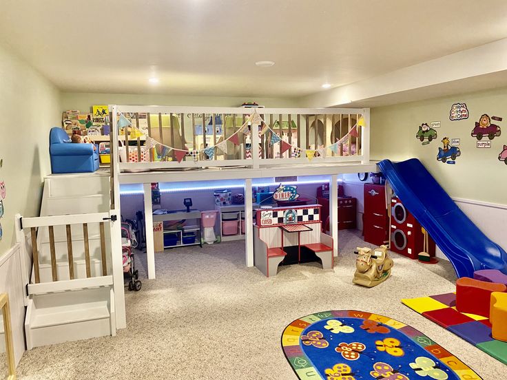 a child's playroom with slide and toys