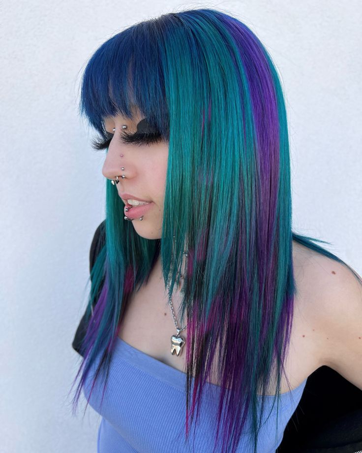 2 Hair Colors Ideas Dyes, Blue Hair With Purple Tips, Light Blue Hair With Dark Roots, Colorful Blonde Hair, Purple Green And Blue Hair, Dark Vivid Hair, Fun Hair Colors For Summer, Purple Green Blue Hair, Vivid Hair Color Placement Ideas