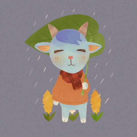 an animal with a scarf and hat on standing in the rain under a green leaf