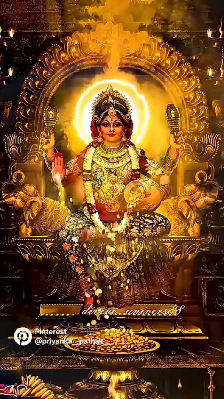 an image of the hindu god sitting on top of a golden throne with his hands up