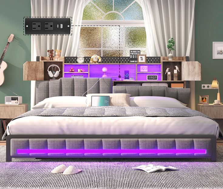 a bed room with a neatly made bed and purple lights on the headboard is shown