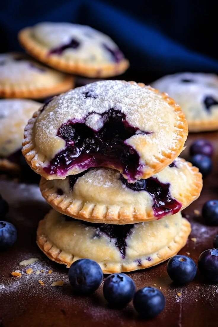 blueberry hand pies stacked on top of each other with fresh blueberries scattered around them