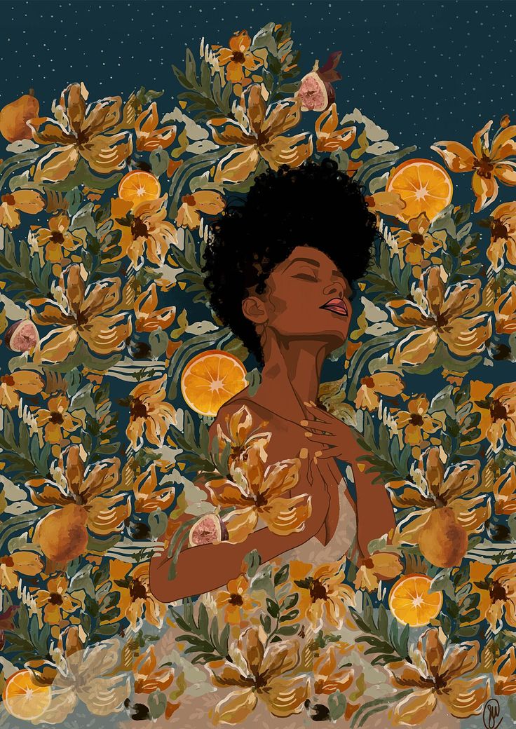 an illustration of a woman surrounded by flowers and oranges, with her eyes closed