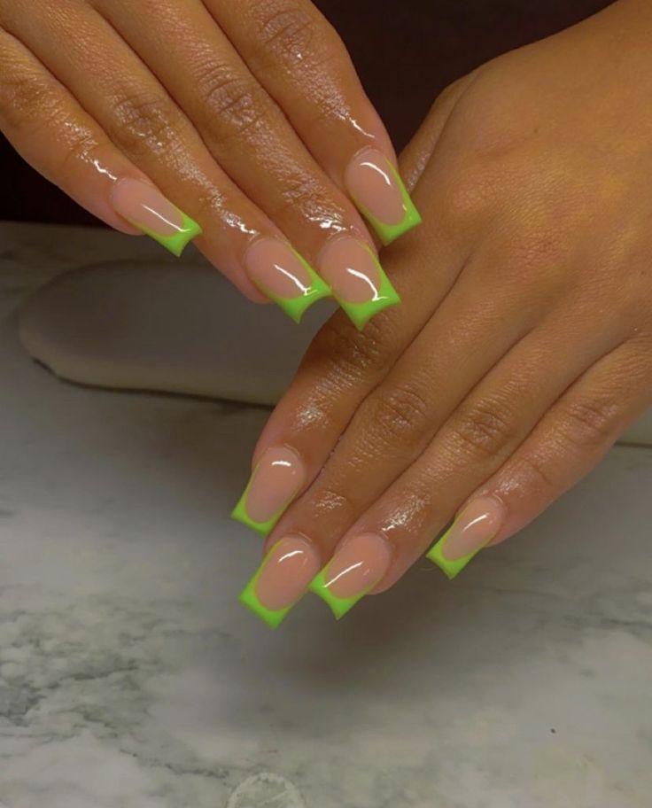 Color Acrylic French Tip Nails, Dark Green Nails Short Square, Acrylic With No Tips, Lime Green Nails French Tip, Med Nail Designs, Short Acrylic Nails French Tip Color, Short French Tip Acrylic Nails Color, Short Summer Acrylic Nails Square, French Tip Nail Colors