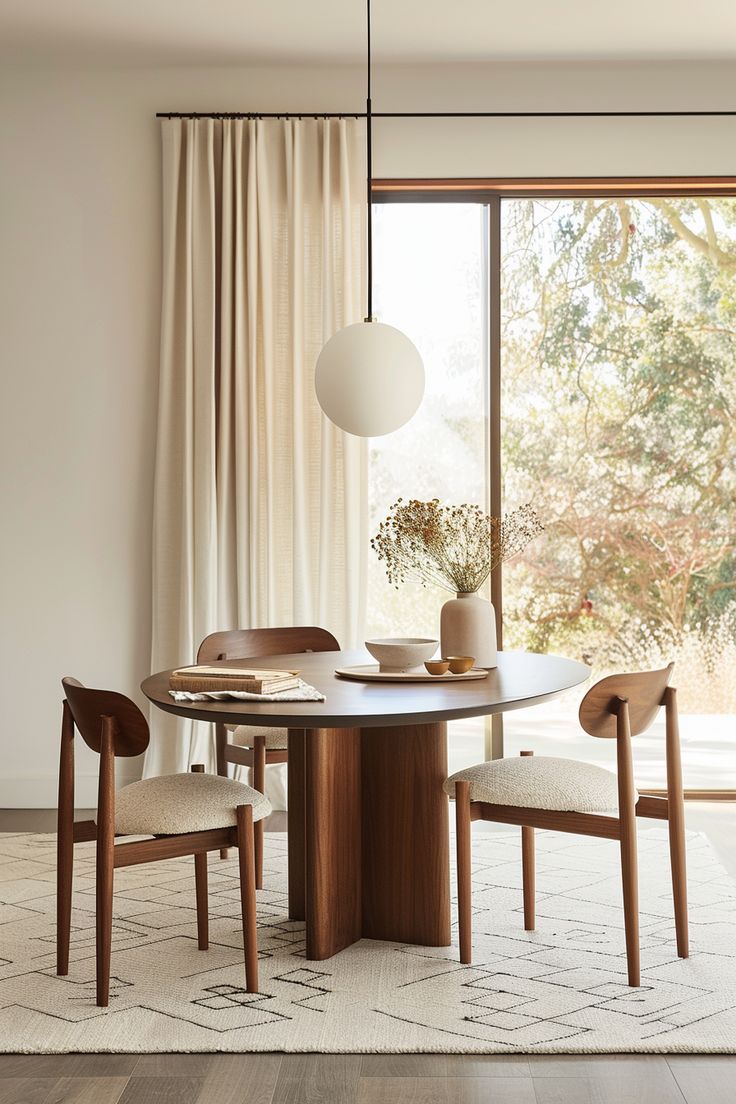 a dining room table with two chairs and a vase on the table next to it