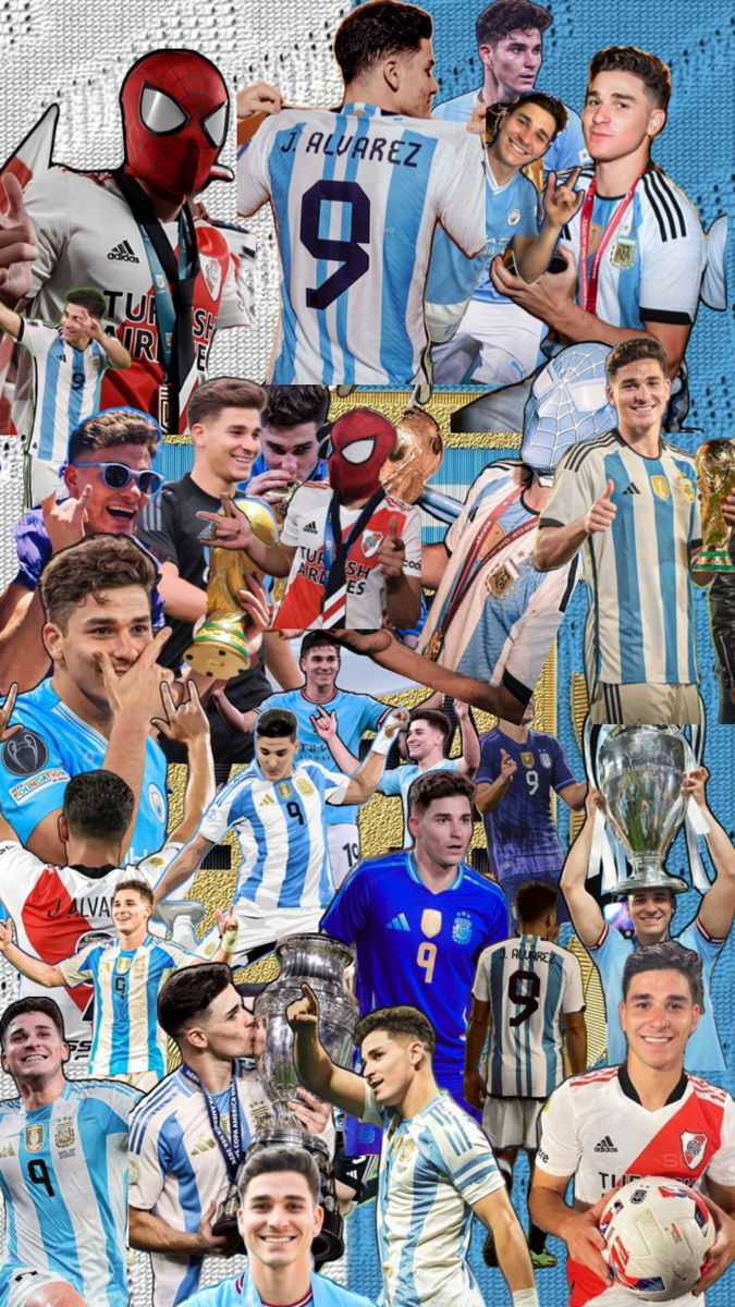 a collage of soccer players and their trophies