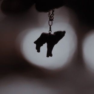 a person holding a small dog shaped keychain in their hand with blurry lights behind them